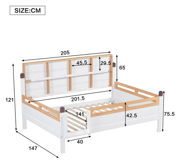 Letto per bambini con protezione anticaduta e sbarre, senza materasso, 140x200 cm, Bianco+naturale