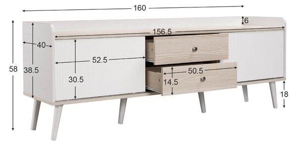 Mobile TV con 2 Cassetti, 2 Ante Scorrevoli, 160x40x58 cm, Bianco e color Legno Naturale|Aosom