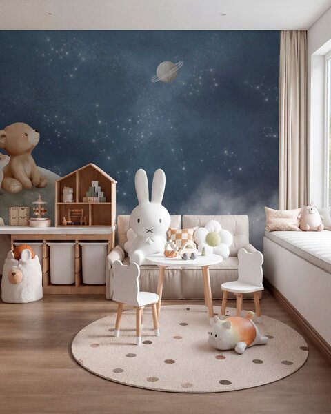 Carta da parati Illustrazione a pastello con orso e volpe sotto il cielo notturno, Carta da parati per Bambini, w05431 : Uwalls.it