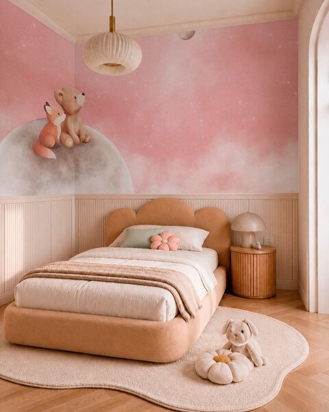 Carta da parati Illustrazione a pastello con un orso e una volpe su uno sfondo rosa con la luna, Carta da parati per Bambini, w05431v2 : Uwalls.it