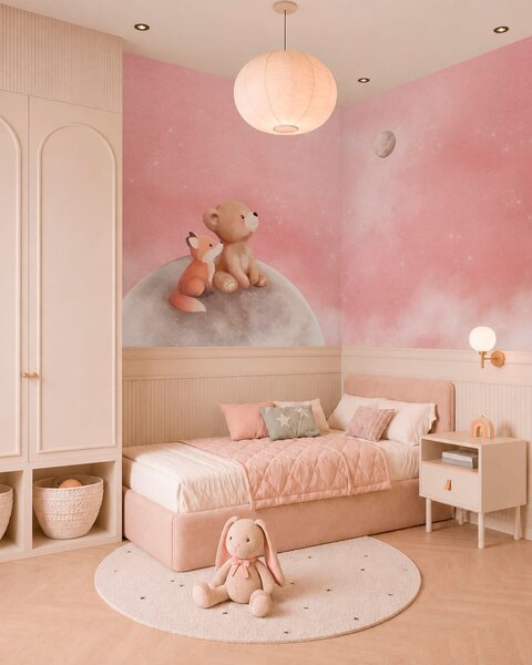 Carta da parati Illustrazione a pastello con un orso e una volpe su uno sfondo rosa con la luna, Carta da parati per Bambini, w05431v2 : Uwalls.it