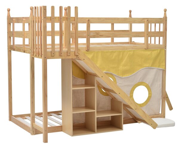 Letto a castello per bambini 6+ anni con scala, scivolo e scaffale, 90x200cm, naturale | Aosom Italy
