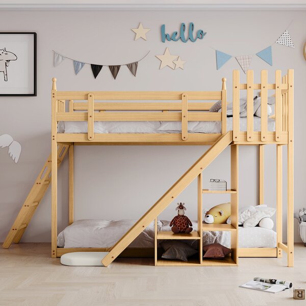 Letto a castello per bambini 6+ anni con scala, scivolo e scaffale, 90x200cm, naturale | Aosom Italy