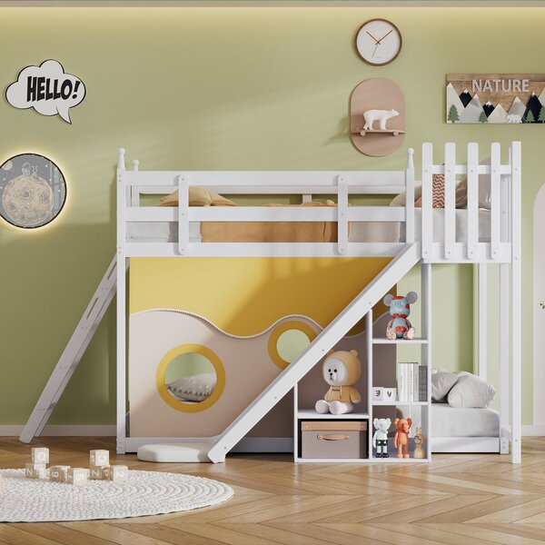 Letto a castello per bambini 6+ anni con scala, scivolo e scaffale, 90×200 cm, Bianco | Aosom Italy