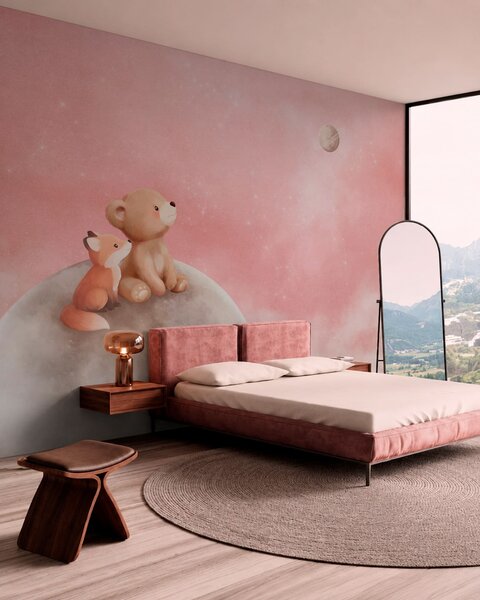 Carta da parati Illustrazione a pastello con un orso e una volpe su uno sfondo rosa con la luna, Carta da parati per Bambini, w05431v2 : Uwalls.it
