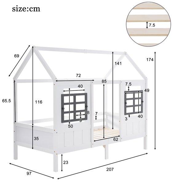 Letto a casetta con finestre, senza materasso,200×90 cm, Bianco