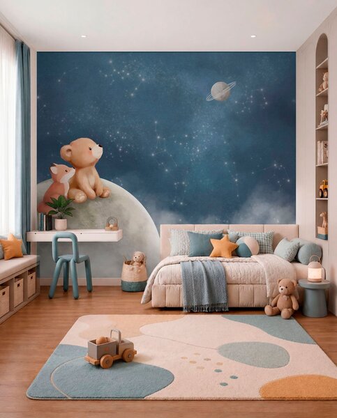 Carta da parati Illustrazione a pastello con orso e volpe sotto il cielo notturno, Carta da parati per Bambini, w05431 : Uwalls.it