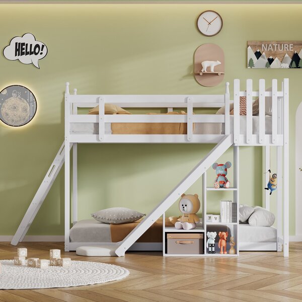 Letto a castello per bambini 6+ anni con scala, scivolo e scaffale, 90×200 cm, Bianco | Aosom Italy