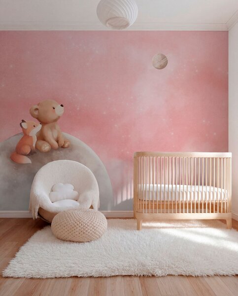Carta da parati Illustrazione a pastello con un orso e una volpe su uno sfondo rosa con la luna, Carta da parati per Bambini, w05431v2 : Uwalls.it