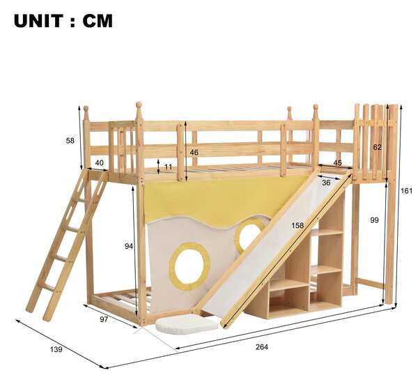 Letto a castello per bambini 6+ anni con scala, scivolo e scaffale, 90x200cm, naturale | Aosom Italy