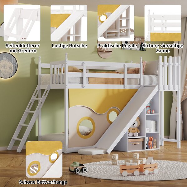 Letto a castello per bambini 6+ anni con scala, scivolo e scaffale, 90×200 cm, Bianco | Aosom Italy