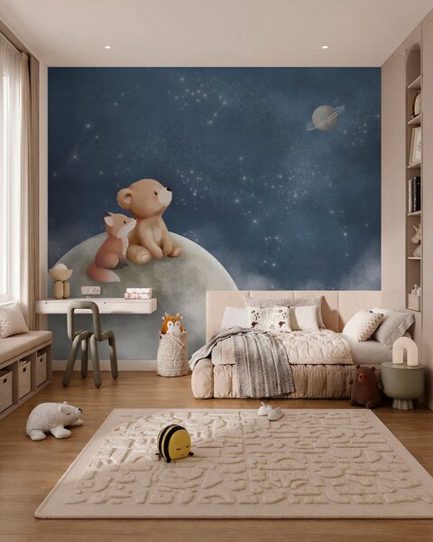 Carta da parati Illustrazione a pastello con orso e volpe sotto il cielo notturno, Carta da parati per Bambini, w05431 : Uwalls.it