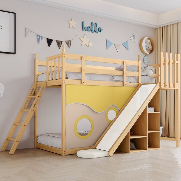 Letto a castello per bambini 6+ anni con scala, scivolo e scaffale, 90x200cm, naturale | Aosom Italy