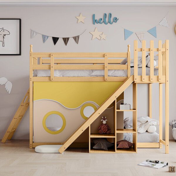 Letto a castello per bambini 6+ anni con scala, scivolo e scaffale, 90x200cm, naturale | Aosom Italy