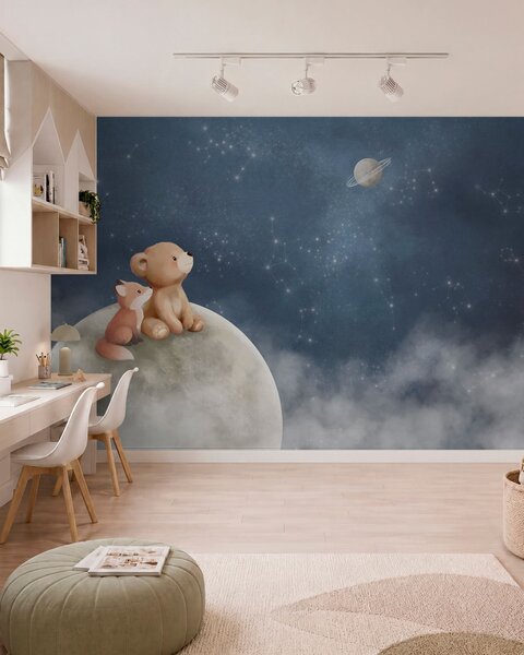 Carta da parati Illustrazione a pastello con orso e volpe sotto il cielo notturno, Carta da parati per Bambini, w05431 : Uwalls.it