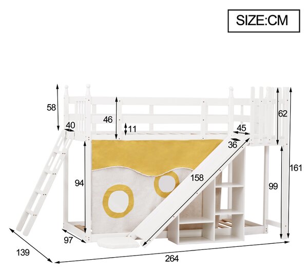 Letto a castello per bambini 6+ anni con scala, scivolo e scaffale, 90×200 cm, Bianco | Aosom Italy