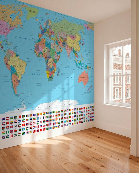 Carta da parati Una mappa politica del mondo a colori con le bandiere in tedesco, Carta da parati Buffer, c00004de : Uwalls.it