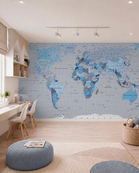 Carta da parati Una mappa politica del mondo con bandiere nei toni del blu (in tedesco), Carta da parati Buffer, c00004dev3 : Uwalls.it