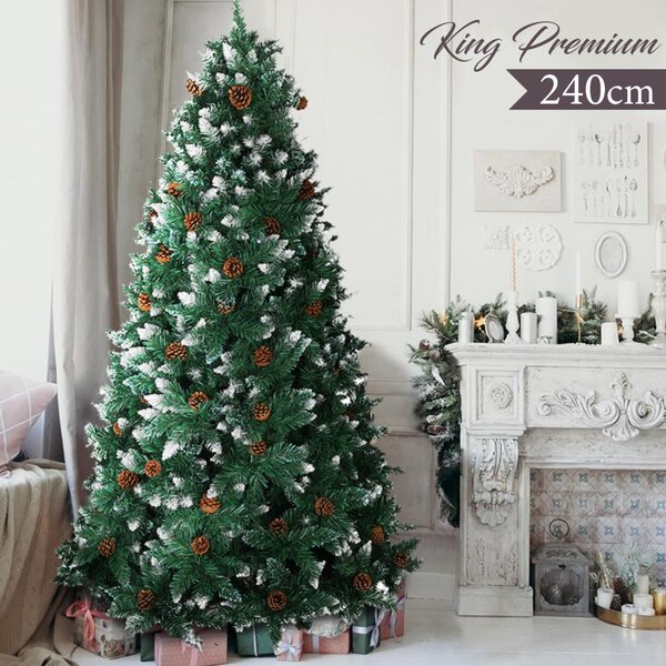 Albero di Natale Innevato King Premium 240 cm 1433 Rami con Pigne e Base Legno