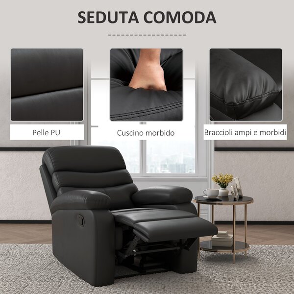 HOMCOM Poltrona Relax Reclinabile con Poggiapiedi in Finta Pelle e Imbottitura in Spugna, 81x90x105cm, Nero|Aosom