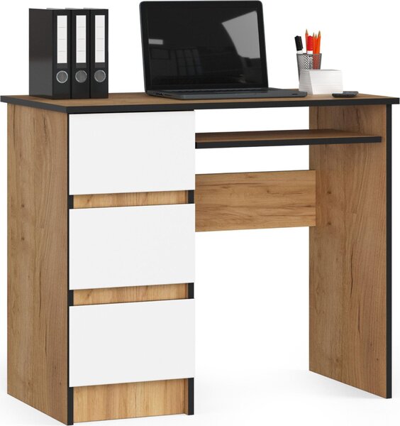 Scrivania A-6 in Rovere Craft e Bianco Sinistra con 3 Cassetti e Piano Estraibile per Tastiera