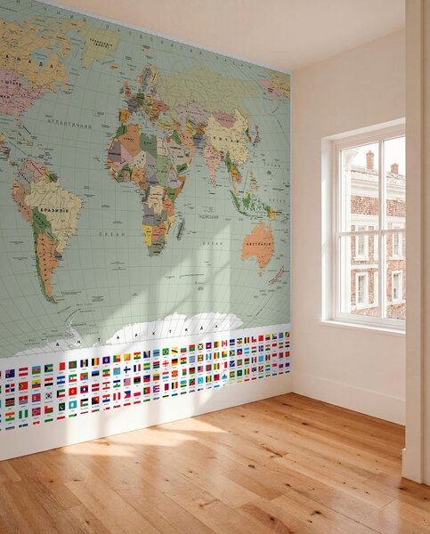Carta da parati Una mappa politica del mondo a colori con le bandiere, in ucraino, Carta da parati Mappa del Mondo, c00004ukv1 : Uwalls.it