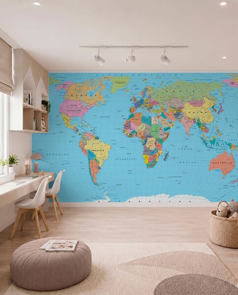Carta da parati Una mappa politica del mondo color oliva con bandiere in polacco, Carta da parati Mappa del Mondo, c00004pl : Uwalls.it