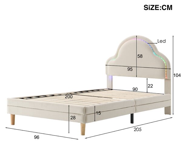 Letto imbottito con testiera a forma di nuvola e striscia LED, senza materasso, 90x200 cm, Bianco