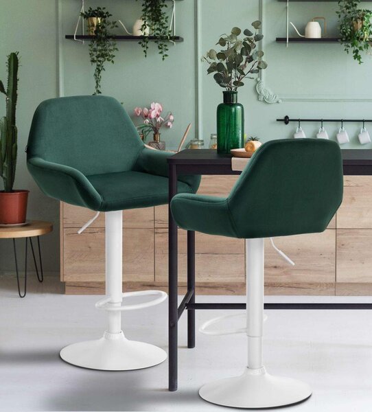 Set di 2 sgabelli da bar - sedute in velluto - altezza regolabile, girevole a 360° | Colore: verde scuro | Materiale base: metallo bianco opaco