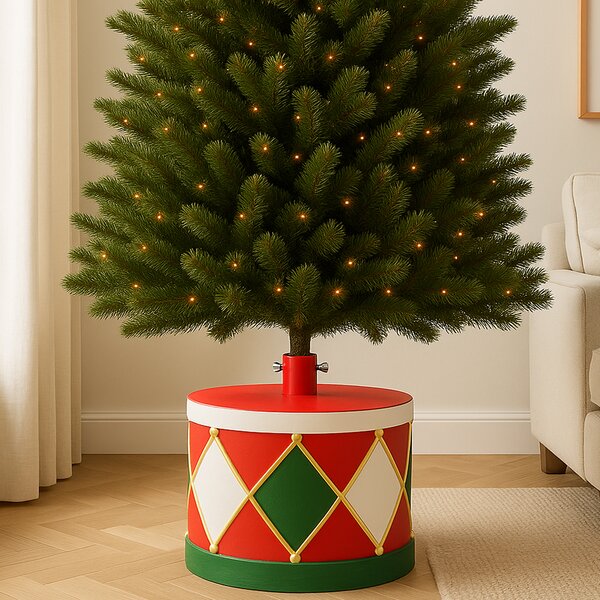 Base Albero di Natale Tamburo 32x25 cm Decoro Attacco Universale Rosso e Verde