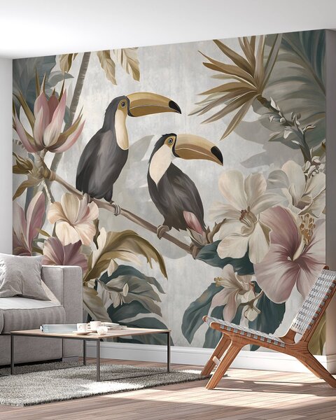 Carta da parati una coppia di tucani tra fiori e foglie tropicali, Carta da parati Natura, w05657 : Uwalls.it