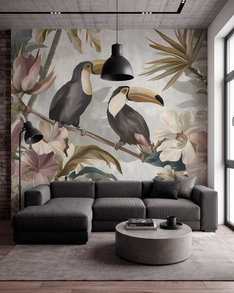 Carta da parati una coppia di tucani tra fiori e foglie tropicali, Carta da parati Natura, w05657 : Uwalls.it
