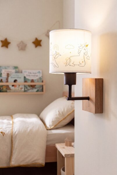Brilagi - Lampada da parete BOBO WOOD 1xE27/25W/230V rovere/nero/bianco/unicorni