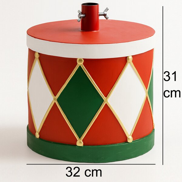 Base Albero di Natale Tamburo 32x31 cm Decoro Attacco Universale Rosso e Verde