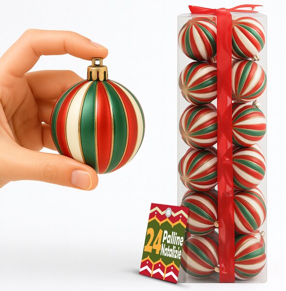 Box 24 Palline di Natale per Albero Sfere Natalizie Bianco Rosso e Verde da 6 cm
