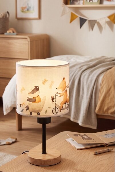 Brilagi - Lampada da tavolo BOBO WOOD 1xE27/25W/230V rovere/nero/bianco/con animaletti