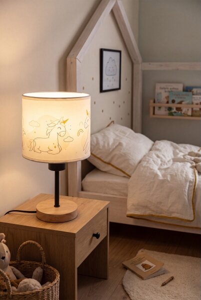 Brilagi - Lampada da tavolo BOBO WOOD 1xE27/25W/230V rovere/nero/bianco/unicorni
