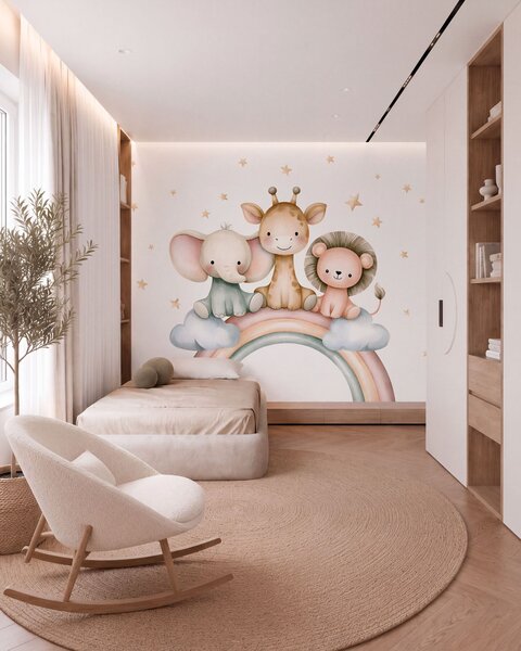Carta da parati un arcobaleno con animali tra le stelle, in stile acquerello, Carta da parati Buffer, w05752 : Uwalls.it