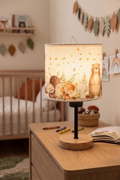 Brilagi - Lampada da tavolo BOBO WOOD 1xE27/25W/230V rovere/nera/bianca/con animaletti