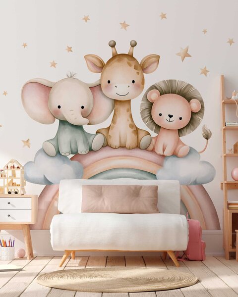Carta da parati un arcobaleno con animali tra le stelle, in stile acquerello, Carta da parati Buffer, w05752 : Uwalls.it