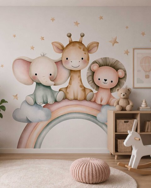 Carta da parati un arcobaleno con animali tra le stelle, in stile acquerello, Carta da parati Buffer, w05752 : Uwalls.it