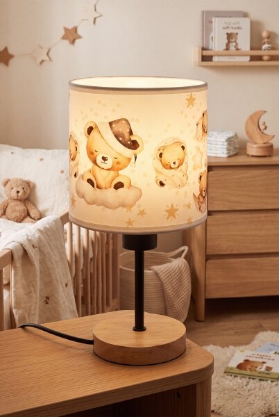 Brilagi - Lampada da tavolo BOBO WOOD 1xE27/25W/230V rovere/nero/bianco/orsetti