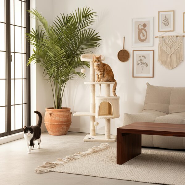 Tiragraffi per gatti belviona, tiragraffi compatto da 112 cm con palline, sisal e cuccia, beige