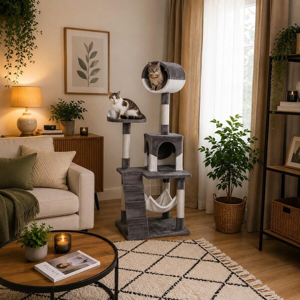 Tiragraffi per gatti Belviona, albero da arrampicata per gatti con cuccia, amaca, scaletta e piattaforma di riposo, grigio/bianco