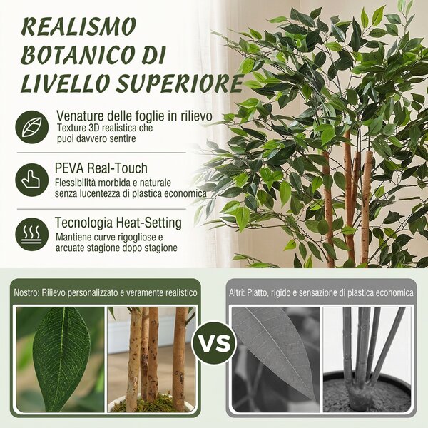 HOMCOM Pianta Artificiale di Baniano in PEVA e Legno con Rami Orientabili e Vaso Contenitore Bianco in PP e Cemento | Aosom Italy