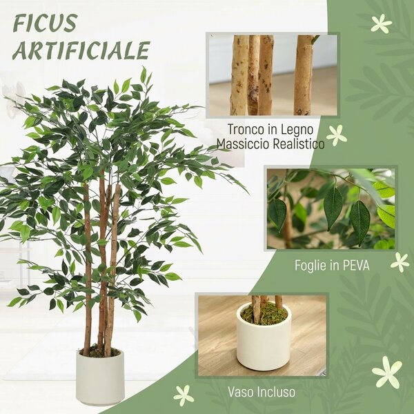HOMCOM Pianta Artificiale di Baniano Verde in PEVA e Legno con Vaso Contenitore in PP e Cemento, 55x55x120 cm | Aosom Italy
