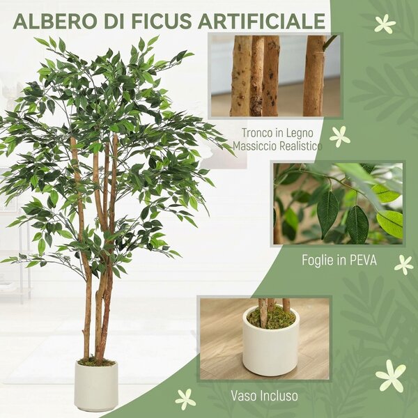 HOMCOM Pianta Artificiale di Baniano in PEVA e Legno con Rami Orientabili e Vaso Contenitore Bianco in PP e Cemento | Aosom Italy