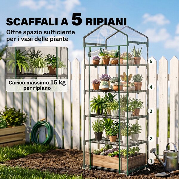 Outsunny Mini Serra in tubi per Orto a 5 Ripiani con Copertura in PVC, per Giardino e Terrazza, 69x49x193cm, Trasparente | Aosom Italy