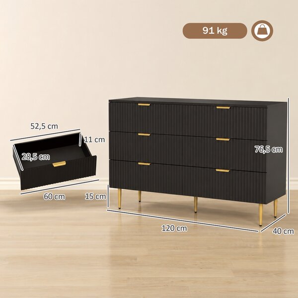 HOMCOM Cassettiera 6 Cassetti Moderna con Maniglie Dorate, 120x40x76.5cm, Nero | Aosom Italy
