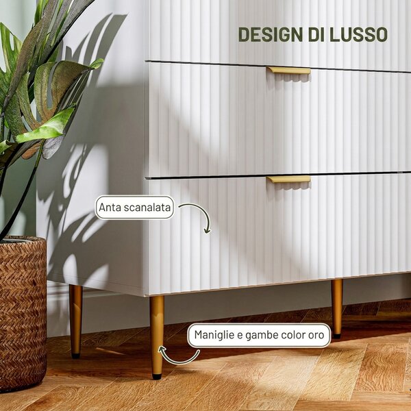 HOMCOM Cassettiera 6 Cassetti Moderna con Maniglie Dorate, 120x40x76.5cm, Bianco | Aosom Italy